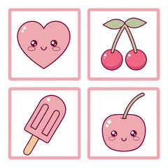 Kawaii food and heart clipart set isolated on white background