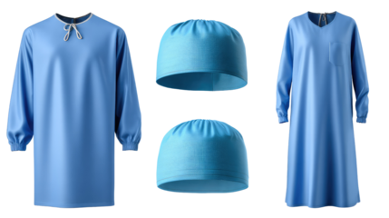 Medical Attire Displayed: A collection of clean, light blue medical clothing, including surgical caps and gowns, carefully displayed in a pristine and clinical setup, ready for patient care.