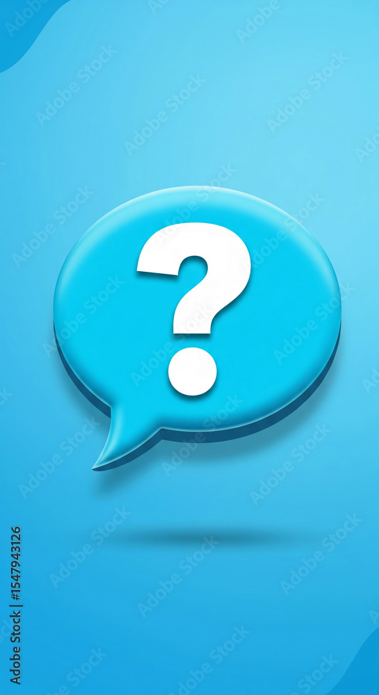 Poster blue speech bubble with white question mark, 3d design, simple and clean, representing inquiry, ques