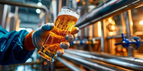 Brewer holding glass of beer in brewery during quality control check