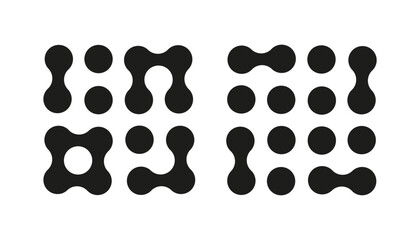 Metaball dot icons. Abstract integration symbol. Connected circle shape sign. Trendy pattern. Point movement. Morphing blobs. Metaballs transition. Logo sample, sticker template. Web design element.