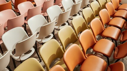 Obraz premium Rows of colorful chairs ,exposition, art, tribune, bâtiment, moderne, 