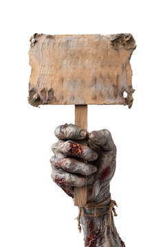 Gory zombie hand holding old wooden sign with no background 
