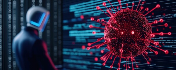 Vaccines clinical distribution concept. Futuristic figure analyzing virus data on a digital screen.