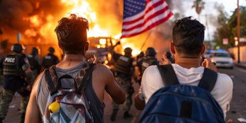 Protesters with american flag facing police during riot with fire in background