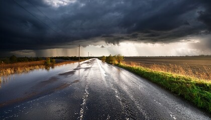 flooded road under a stormy sky