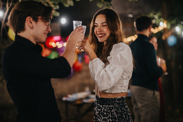 A group of friends celebrating in a cozy backyard setting, sharing drinks and smiles. The warm...