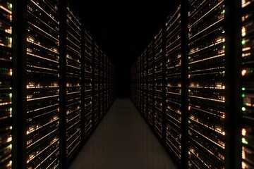 Camera slowly moving in data center showing server equipment with flickering light indicators, nuage, boucle, réseau, centrer, matériel, 