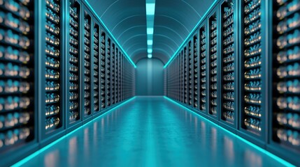 Vaccines clinical distribution concept. Futuristic data center with illuminated server racks.