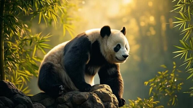 A panda bear sitting on rocks with bamboo trees in the background on a sunny day outside video
