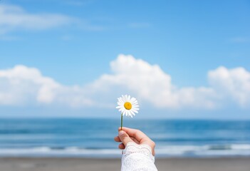 A delicate hand holding a single daisy flower under a bright blue sky, fluffy white clouds in the background, calm ocean waves in the distance
