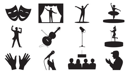 Black White Line Art Silhouettes Theater Performance Music Dance Stage Lighting Masks Microphone Violin Hands