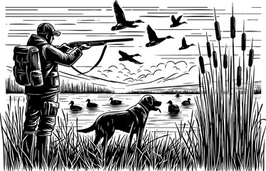 Dynamic black and white illustration captures a hunter aiming his rifle from a lakeside position, with ducks in flight and others on the water, highlighting the precision of the hunt. Duck Hunting: A 