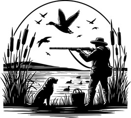 Classic Duck Hunting Scene: Hunter, Dog, and Waterfowl. Black and white illustration captures a hunter aiming at ducks over a lake, accompanied by his loyal dog and surrounded by a marshland environme