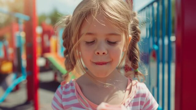 Happy little girl with pigtails enjoying a red popsicle at a sunny playground, capturing the joy and refreshment of a summer day.