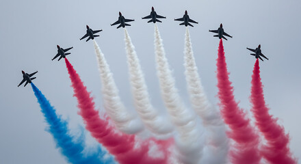 Military jets performing aerial maneuvers with colorful smoke trails.