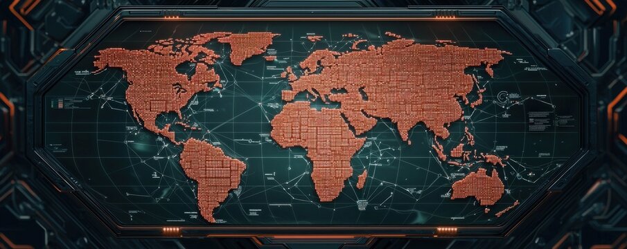 Vaccines clinical distribution concept. Futuristic world map with circuit-like design and grid layout.