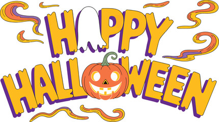 Obraz premium Cute Colorful Happy Halloween Typography Art, isolated on white background. Happy Halloween in orange and pink red lettering with curls, bats, and pumpkins. Happy Halloween in black. Vector Art.