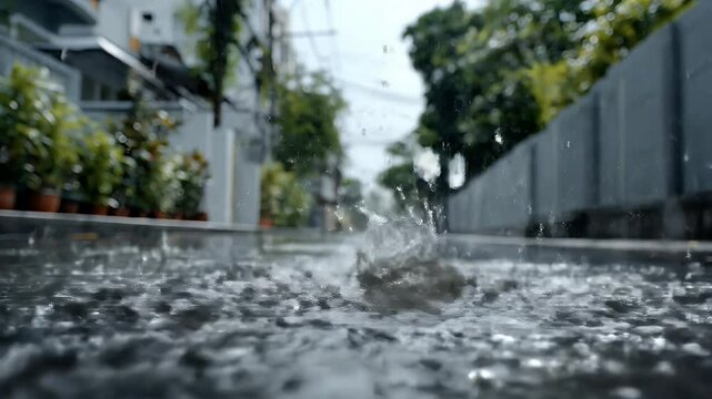 Rain drops splashing in puddle