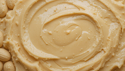 Close-up of a creamy peanut butter background, with peanuts scattered, and a copy space for text overlay.