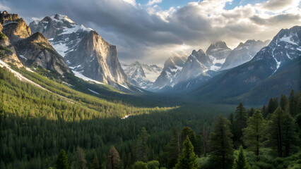 Fototapeta premium Sunlit Alpine Valley Beneath Skies.