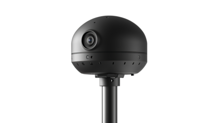 Black slim dome CCTV camera mounted on metal isolated on transparent background. PNG