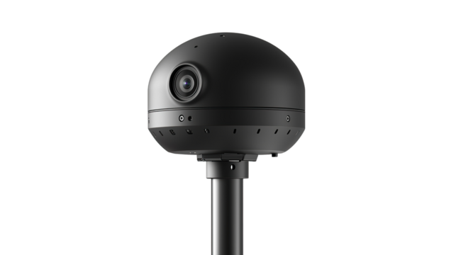 Black slim dome CCTV camera mounted on metal isolated on transparent background. PNG