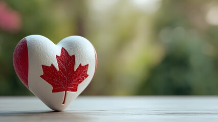 A heart-shaped decoration painted in red and white, featuring a red maple leaf. Symbolizes Canada Day and patriotism. Set against a blurred green background.