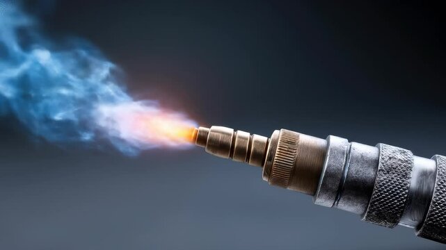 Industrial metal blowtorch burner nozzle focused heat, powerful ignition, intense blue orange flame, smoke, glowing spark.