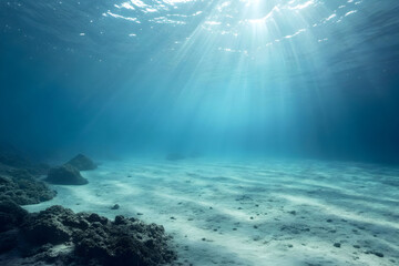 Obraz premium Underwater scene with sunlight rays illuminating the ocean depths.