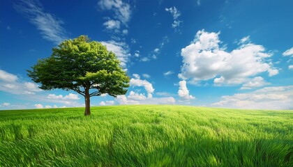 clairiere ensoleillee en pixel art arbre solitaire verdoyant ciel bleu nuageux herbe vibrante et atmosphere sereine