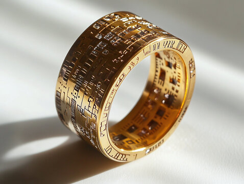 A decoder ring, isolated on a white surface, with intricate markings and no shadow.