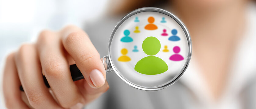 Market analysis of client segments marketing strategy and consumer research with a magnifying glass for target audience insights in business management