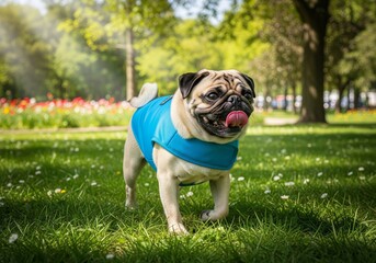 Fototapeta premium A cheerful pug in a cooling vest enjoys a sunny summer day in a park. pet comfort, responsible pet care during hot weather, and active urban dog life, highlighting current heatwave concerns.