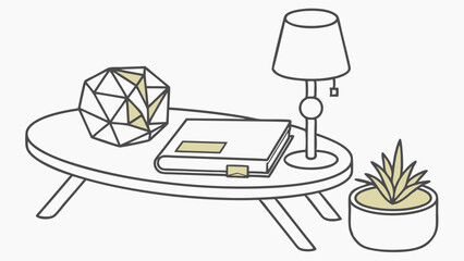 Geometric Ornament, Diary, Lamp, and Succulent on a Mid-Century Modern Coffee Table, Isolated Outline Illustration.