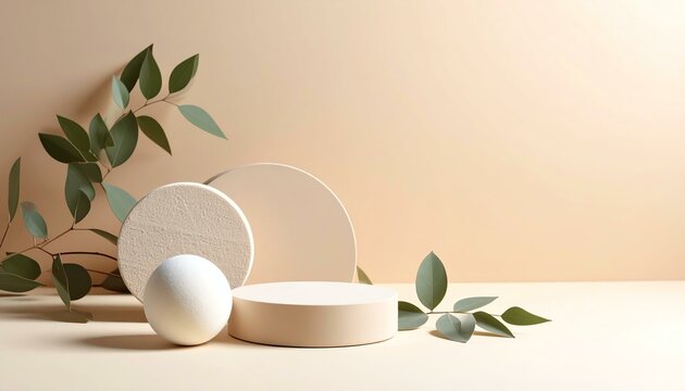 Konjac sponge on pastel earth-tone background with minimal negative space. Minimalistic arrangement of geometric shapes.