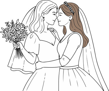  Lesbian couple kissing two brides same-sex wedding romantic illustration
