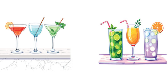 Vsai colorful cocktails resting on bar tops, refreshing summer drinks