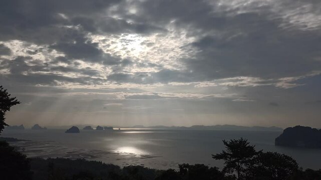 sunset sun light at island sea ocean view. holiday vacation seascape in Thailand.