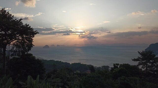 sunset sun light at island sea ocean view. holiday vacation seascape in Thailand.
