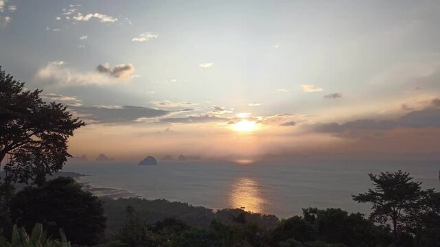 sunset sun light at island sea ocean view. holiday vacation seascape in Thailand.