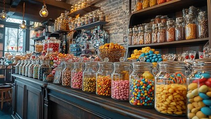 old fashioned candy shop with jars filled with classic american treats zoom in video - Powered by Adobe