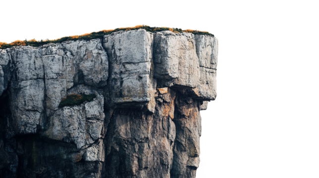 High and steep rock cliffs above transparent. PNG