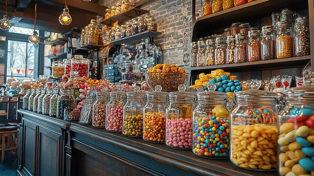 old fashioned candy shop with jars filled with classic american treats zoom in video