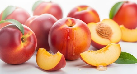 Fresh ripe nectarines isolated on white background, whole and sliced