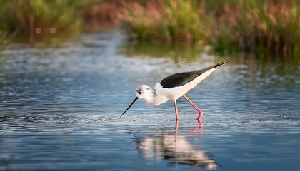 Fototapeta premium black winged stilt foraging for food in shallow waters