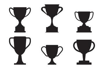 Set of black trophy cup silhouettes in various styles, representing victory, achievement, and excellence. Perfect for sports, awards, competition, or success themed designs and icons.