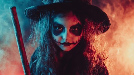 Creative Halloween costumes featuring a child ghost, a witch with a broom, a cat-inspired face paint, and a classic vampire, Generative Ai 
