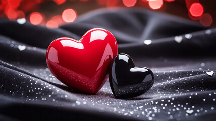 A close-up macro photograph of two glossy hearts against a dark background