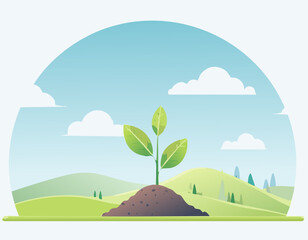 Fototapeta premium A young plant growing from soil in a calm open field, surrounded by soft hills and clouds, minimal flat design with large copy space.
